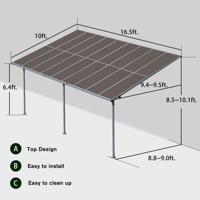 BPS 16.5' x 10' Wall Mount Gazebo Outdoor Pergola Polycarbonate Gazebo with Water-Resistant and UV-Fighting Panels Canopy - Image 3