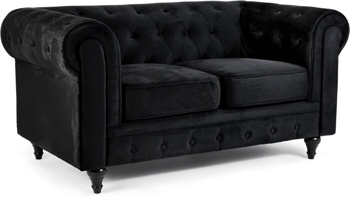 Bravich Velvet Chesterfield Sofa- Black. 2 Seater Settee, Soft Plush Fabric Couch. Living Room Furniture, Easy Clean. 2 Seater- 160cm x 90cm x 78cm - Image 2
