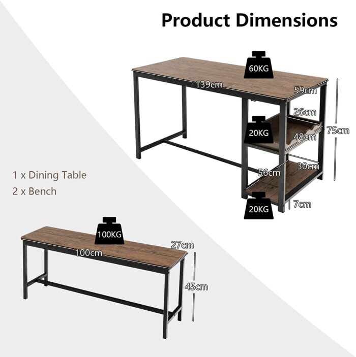 COSTWAY Dining Table Set with 2 Benches, Kitchen Table and Benches with Glass Holder, Wine Rack & Storage Shelf, 3 PCS Space-Saving Breakfast Dinette Table Furniture Set for 4 People - Image 5