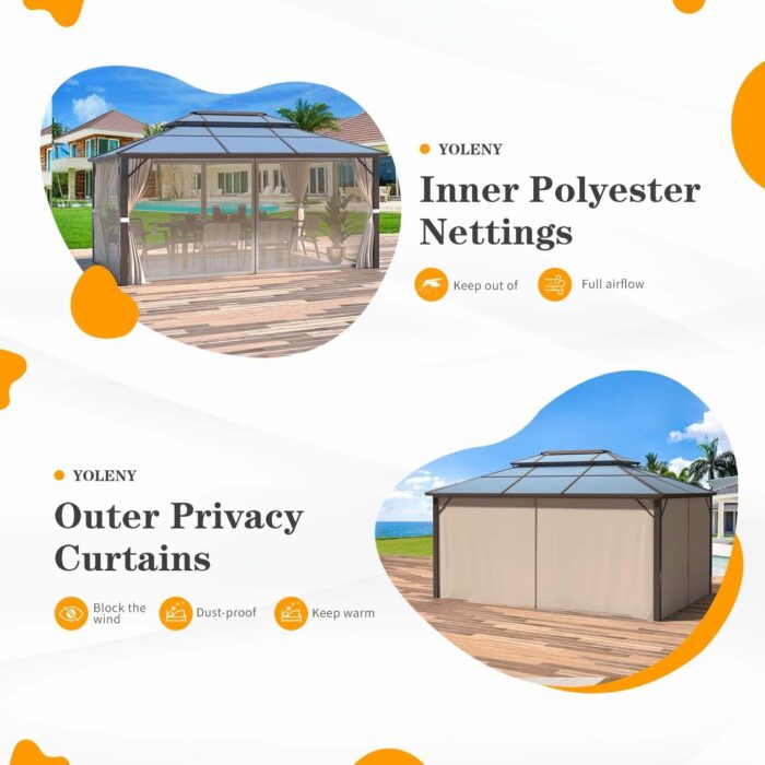 YOLENY 10'x13' Hardtop Gazebo, Outdoor Polycarbonate Double Roof Canopy, Aluminum Frame Permanent Pavilion with Curtains and Netting, Sunshade for Garden, Patio, Lawns - Image 8