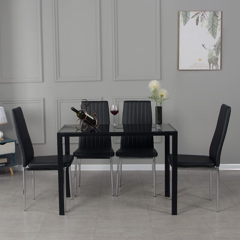 Panana Dining Table and Chairs Set 4, Modern Black Glass Dinning Table With 4 High Back Padded Faux Leather Chairs Set (Black A 105cm table+4 Chairs)