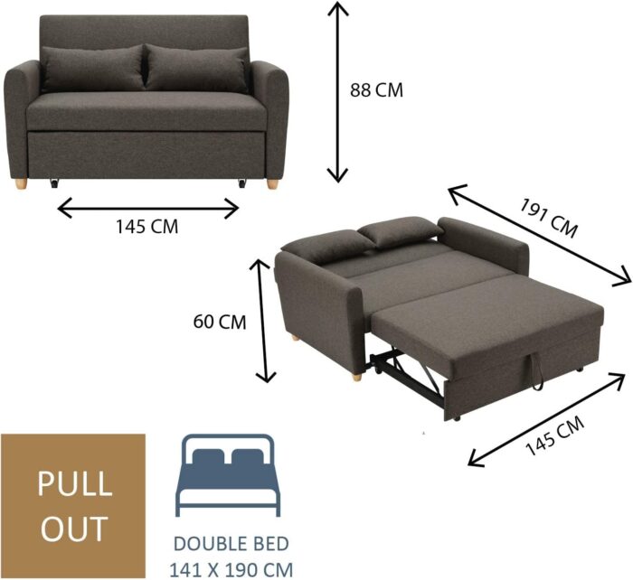 Bravich Pull Out Two Seater Double Sofa Bed -Brown. Modern Contemporary Space Saving Folding Bed, Easy Fold Living Room Furniture To Full Size Double Bed. Fabric Couch With Thick Foam Cushions. - Image 3