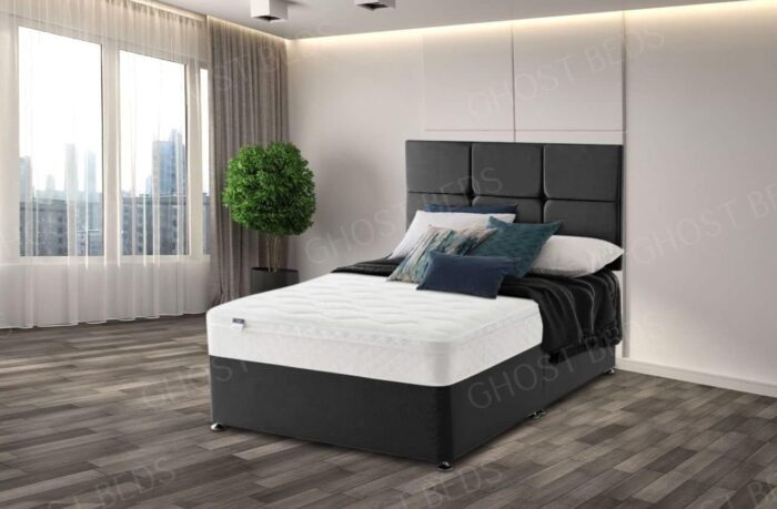 GHOST BEDS Six Box Faygo Divan Bed set With 10" Ortho mattress and Matching Headboard (Black, 4ft Small Double)