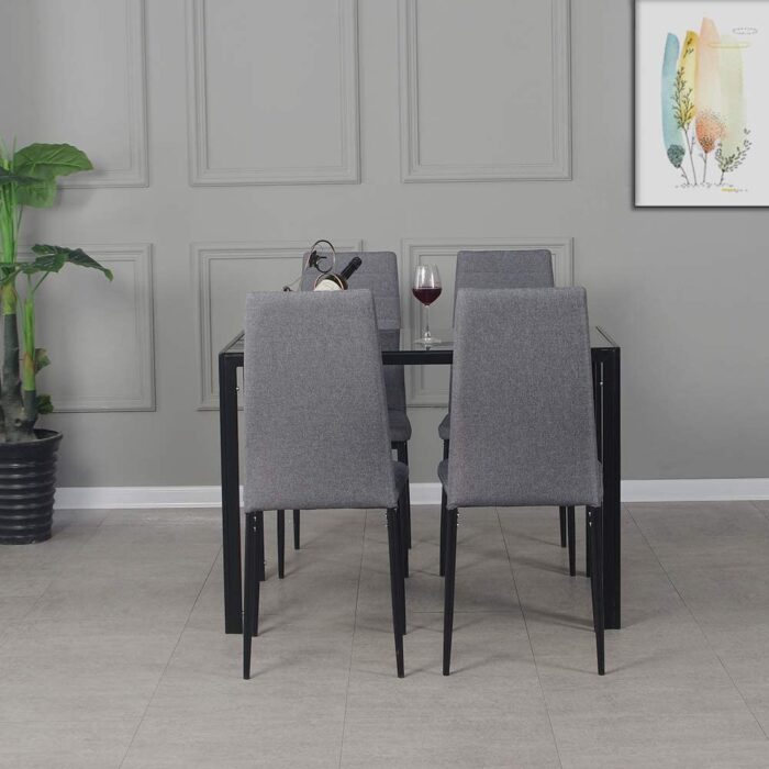 Panana Modern Gorgeous Glass Dinning Table with 4 Linen Grey Dinning Chairs Set (105CM Black Table with 4 Chairs) - Image 5