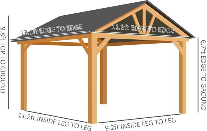 Outsunny 11×13 Hardtop Gazebo with Wooden Frame, Permanent Metal Roof Gazebo Canopy with Ceiling Hook for Garden, Patio, Backyard - Image 3