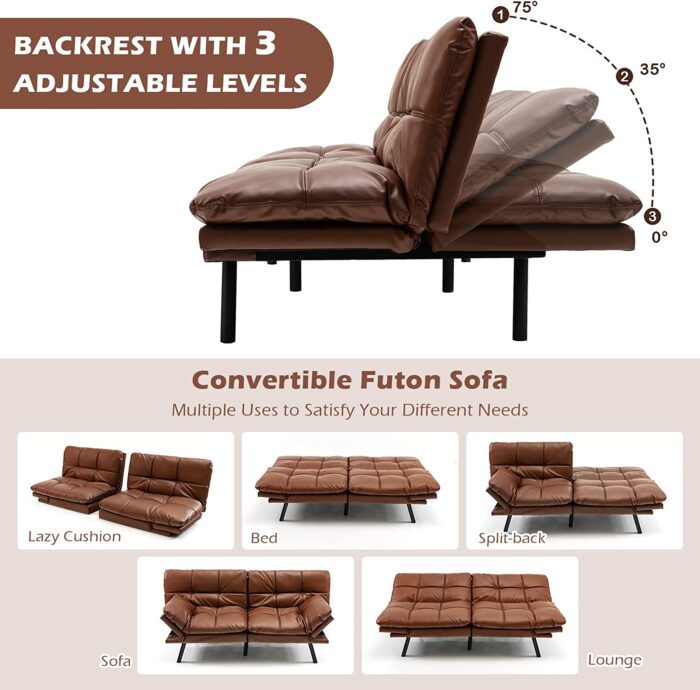 COSTWAY 2 Seater Convertible Sofa Bed, Click Clack Sleeper Couch with Reclining Backrest, Adjustable Armrests & 6 Metal Legs, Padded Loveseat Sofa for Living Room and Bedroom (PU Leather, Brown) - Image 4
