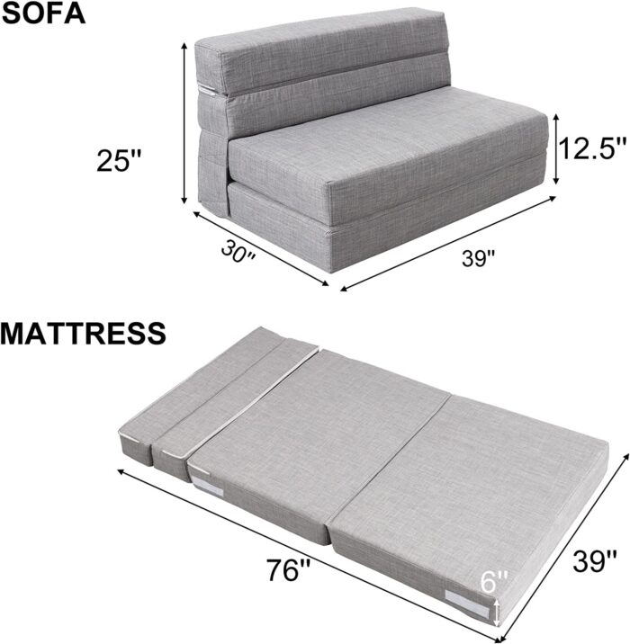 ANONER Folding Sleeper Chair Sofa Bed Lazy Couch with Pillow, Twin Size, Light Gray - Image 2