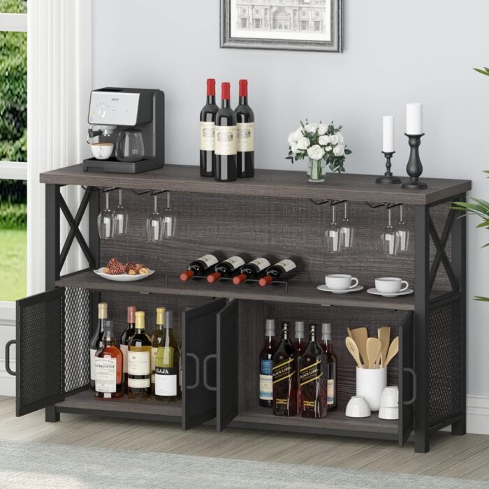 LVB Wine Bar Cabinet, Farmhouse Coffee Bar Cabinet for liquor and glasses, Modern Sideboard Buffet Cabinet with Storage Rack, Rustic Liquor Home Bar for Kitchen Dining Living Room, Dark Gray Oak 47 In - Image 7