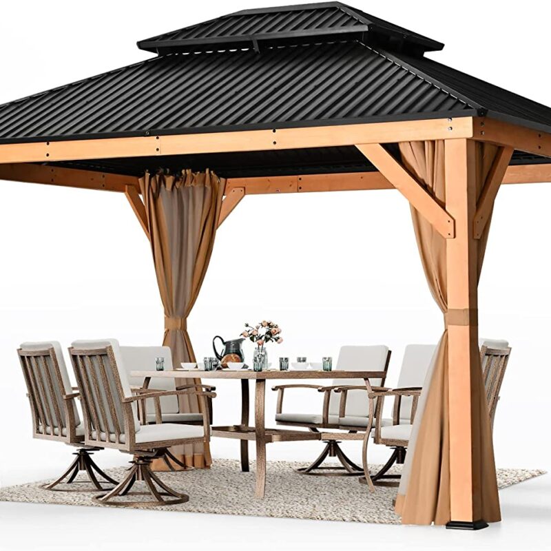 HAPPATIO 11' × 13' Wood Gazebo, Outdoor Hardtop Gazebo with Mosquito Netting and Curtains, Double Metal Roof Patio Gazebo Hard Top Gazebo for Garden, Patio, Deck, Parties (Brown)