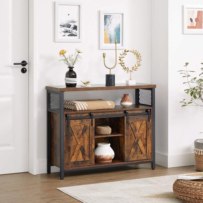 VASAGLE Buffet Sideboard Storage Cabinet with Adjustable Shelf and Sliding Barn Door, Open Compartment, 13 x 39.4 x 31.5 Inches, Rustic Brown and Black - Image 7