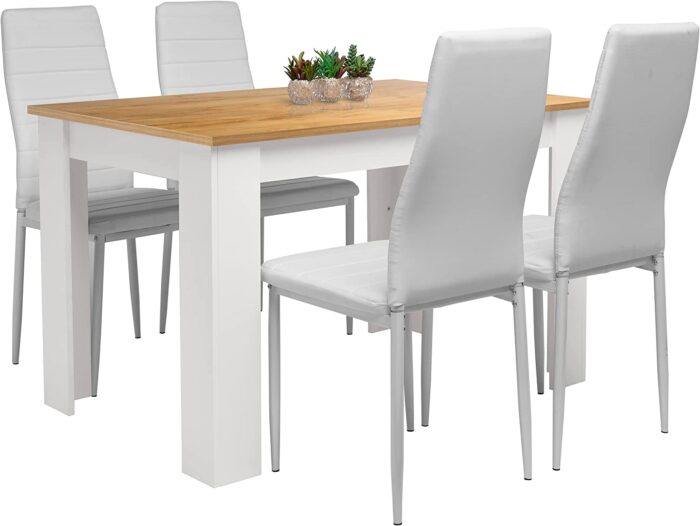 Blisswood Dining Table And Chair 4 Set, Pu Leather Dining Room Chairs and 17mm Thick Table Top 120 x 80 cm Long Wooden Dining Table Modern Design Dining Table Set For Home Kitchen Furniture