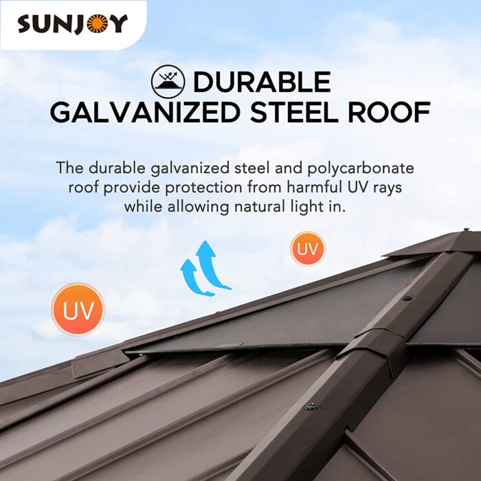 Sunjoy Pasadena Outdoor Patio 9 ft. x 9 ft. Cedar Framed Wood Gazebo with Brown Steel & Polycarbonate Hip Roof Hardtop - Image 3