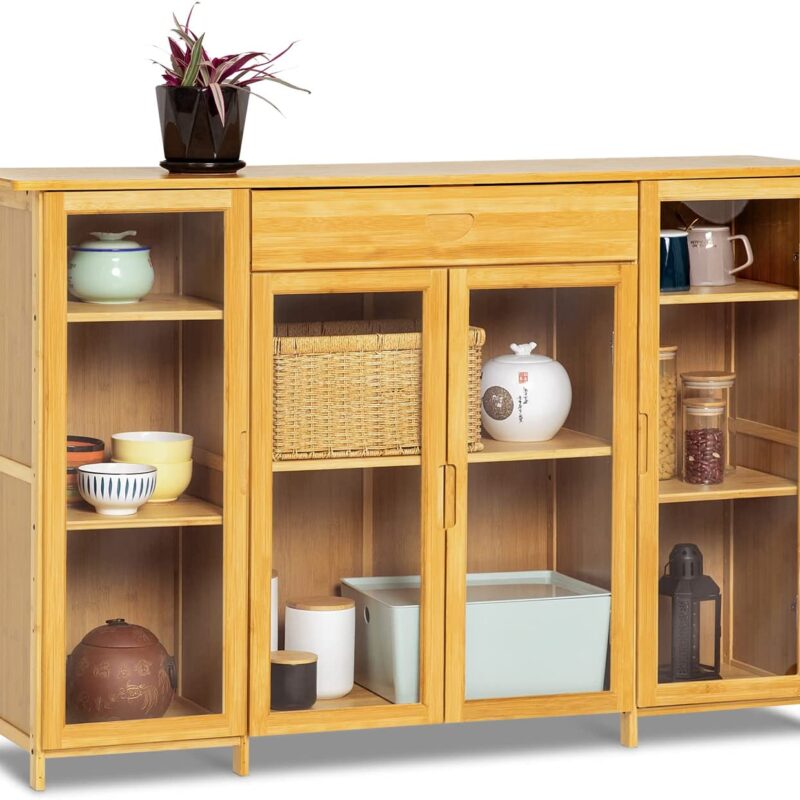 MoNiBloom 4 Tier Bamboo Sideboard Kitchen Cupboard Buffet Server Console Table Storage Cabinet with Acrylic Doors a Drawer for Dining Room Hallway, Natural