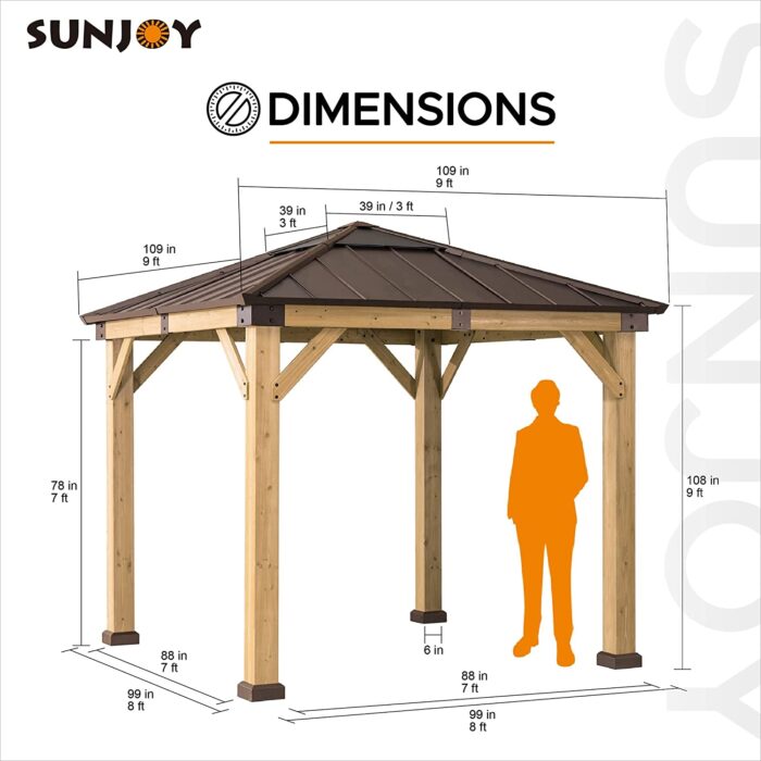 Sunjoy Pasadena Outdoor Patio 9 ft. x 9 ft. Cedar Framed Wood Gazebo with Brown Steel & Polycarbonate Hip Roof Hardtop - Image 8