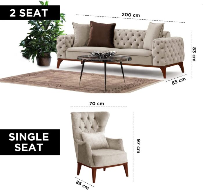Emporium Corner sofa bed 3 and 2 seater Sofa sets, Chesterfield Sofa Grey and Cream Velvet Fabric with Buttoned Back A Timeless Chair bed Sofas & Couches for Living Room (Cream, 2 + 1 Seater) - Image 3