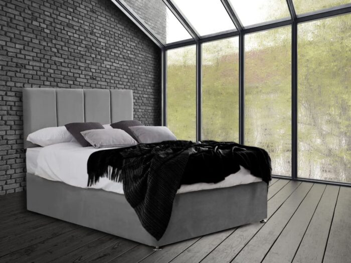 GHOST BEDS Fourpanel Venice Plush Divan Bed Set with 10" Thick Orthopaedic Mattress and 24" Matching Headboard (Grey, 4FT6 Double)