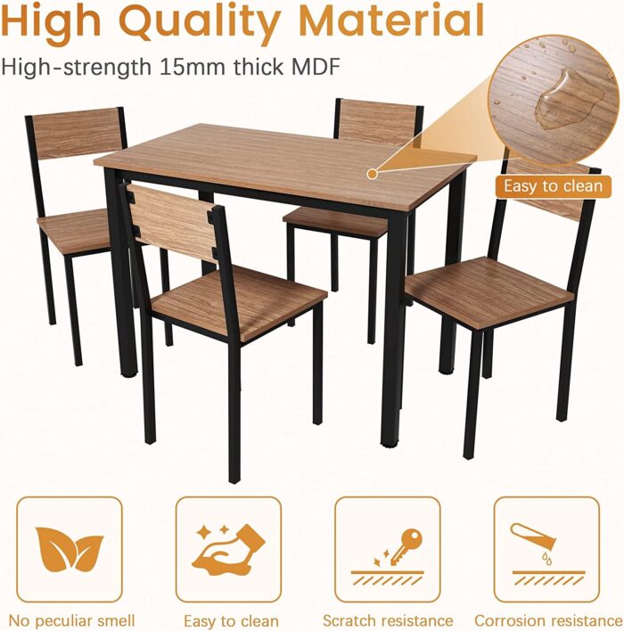 KU Syang Dining Table and 4 Chairs Set, Industrial Kitchen Table Chairs Sets with Wood and Metal Frame, 5 Piece Compact Home Kitchen Dining Room Furniture, Space Saving, Rustic Brown - Image 6