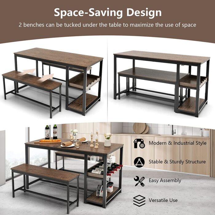 COSTWAY Dining Table Set with 2 Benches, Kitchen Table and Benches with Glass Holder, Wine Rack & Storage Shelf, 3 PCS Space-Saving Breakfast Dinette Table Furniture Set for 4 People - Image 2