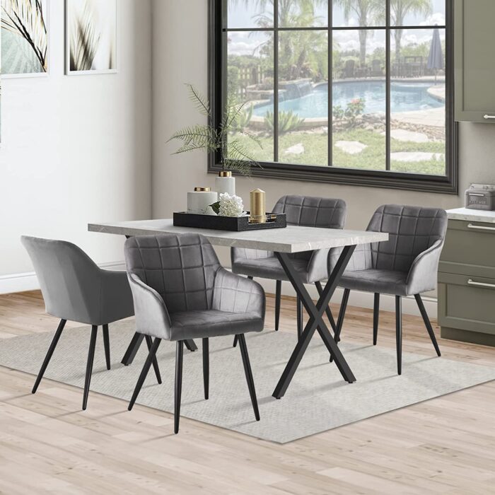 CLIPOP 140 cm Dining Table and Chairs Set of 4, Marble Veneer Rectangle Kitchen Table and Velvet Dining Chairs with Metal Legs for Home Office Dining room Set - Image 7