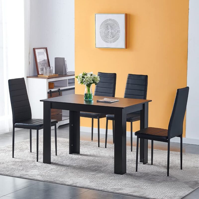 Modern Black Dining Room Table Wooden and Pu Leather Chairs Set of 4 for Small Space, 5pcs Kitchen Rectangular Table with 4 Chairs Set Space-saving