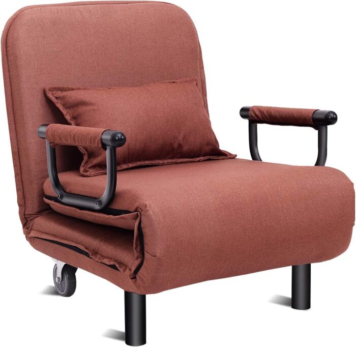 COSTWAY Single Folding Sofa Bed Chair Modern Fabric Sleep Function Holder W/Pillow & Wheel for Home Bedroom Living Room Office Indoor (Coffee) - Image 3