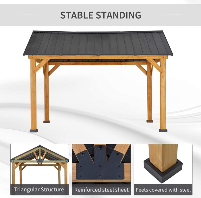 Outsunny 11×13 Hardtop Gazebo with Wooden Frame, Permanent Metal Roof Gazebo Canopy with Ceiling Hook for Garden, Patio, Backyard - Image 6