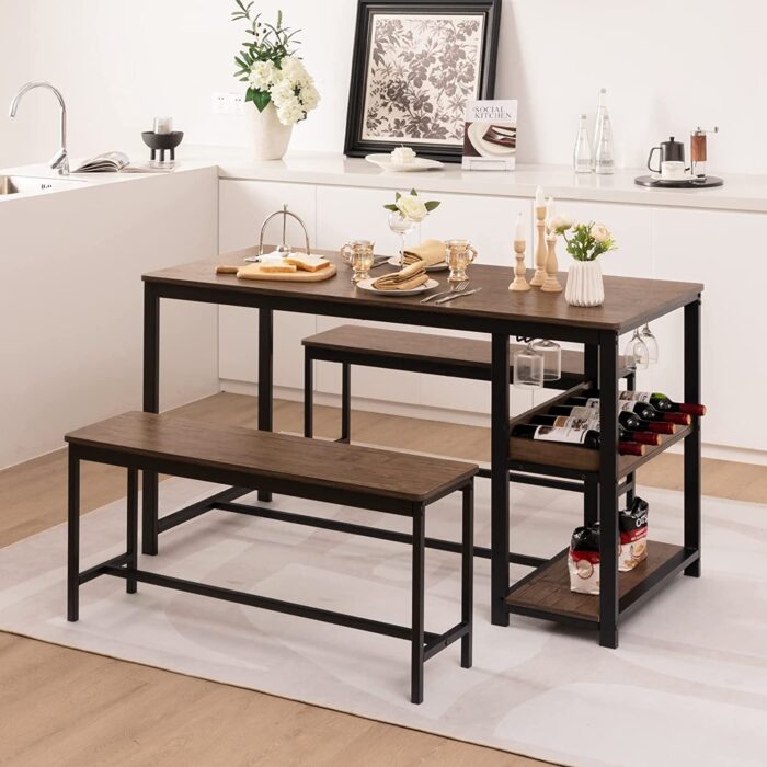 COSTWAY Dining Table Set with 2 Benches, Kitchen Table and Benches with Glass Holder, Wine Rack & Storage Shelf, 3 PCS Space-Saving Breakfast Dinette Table Furniture Set for 4 People - Image 7