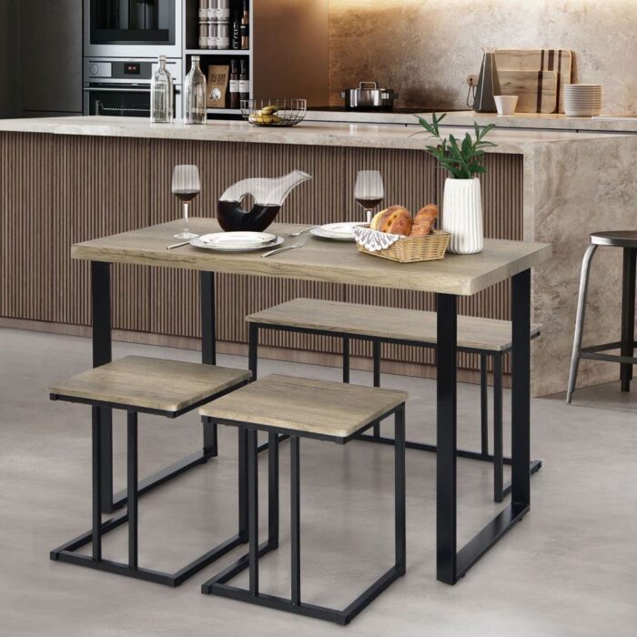 GiantexUK 4PCS Dining Set, Wooden Table with 2 Stools and Bench, Space Saving Kitchen Dining Room Sets for Restaurant Bar Cafe - Image 8