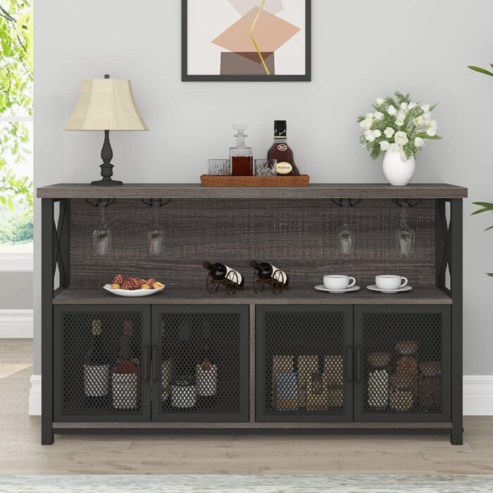 LVB Wine Bar Cabinet, Farmhouse Coffee Bar Cabinet for liquor and glasses, Modern Sideboard Buffet Cabinet with Storage Rack, Rustic Liquor Home Bar for Kitchen Dining Living Room, Dark Gray Oak 47 In - Image 3