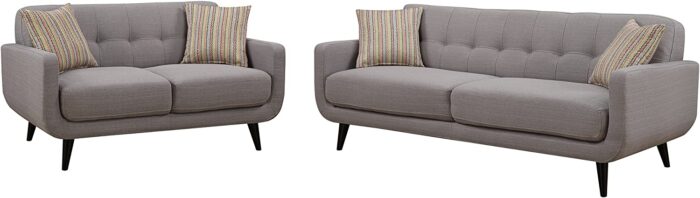 AC Pacific Crystal Collection Upholstered Gray Mid-Century 2-Piece Living Room Set with Tufted Sofa and Loveseat and 4 Accent Pillows, Gray - Image 3