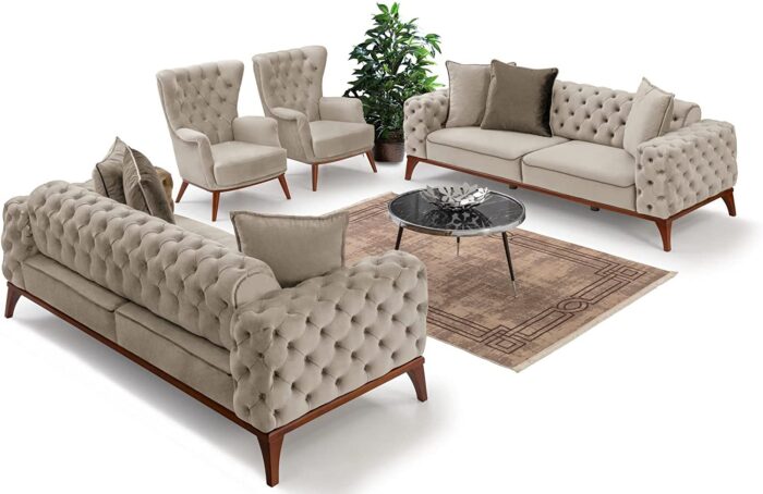Emporium Corner sofa bed 3 and 2 seater Sofa sets, Chesterfield Sofa Grey and Cream Velvet Fabric with Buttoned Back A Timeless Chair bed Sofas & Couches for Living Room (Cream, 2 + 1 Seater) - Image 6