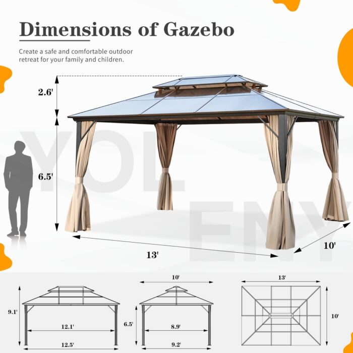 YOLENY 10'x13' Hardtop Gazebo, Outdoor Polycarbonate Double Roof Canopy, Aluminum Frame Permanent Pavilion with Curtains and Netting, Sunshade for Garden, Patio, Lawns - Image 4