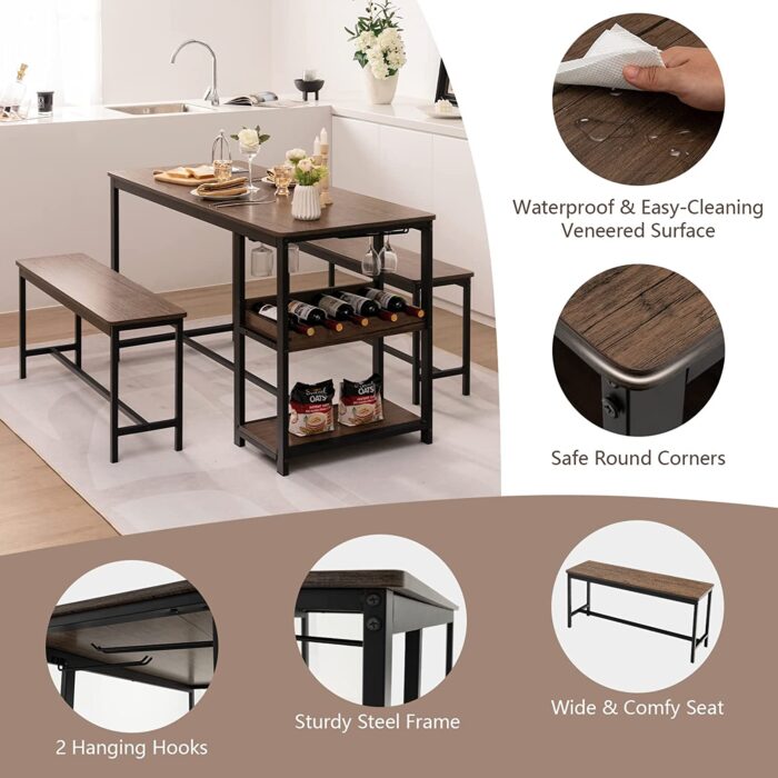 COSTWAY Dining Table Set with 2 Benches, Kitchen Table and Benches with Glass Holder, Wine Rack & Storage Shelf, 3 PCS Space-Saving Breakfast Dinette Table Furniture Set for 4 People - Image 4