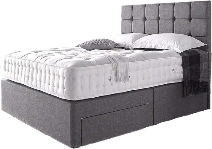 Grey Divan Double Bed Linen Look Fabric Divan Bed With 10” Memory Foam Mattress and Headboard 2 Free Storage Drawers ( 4ft6 Double 135 cm X 190 cm) 2 Drawers