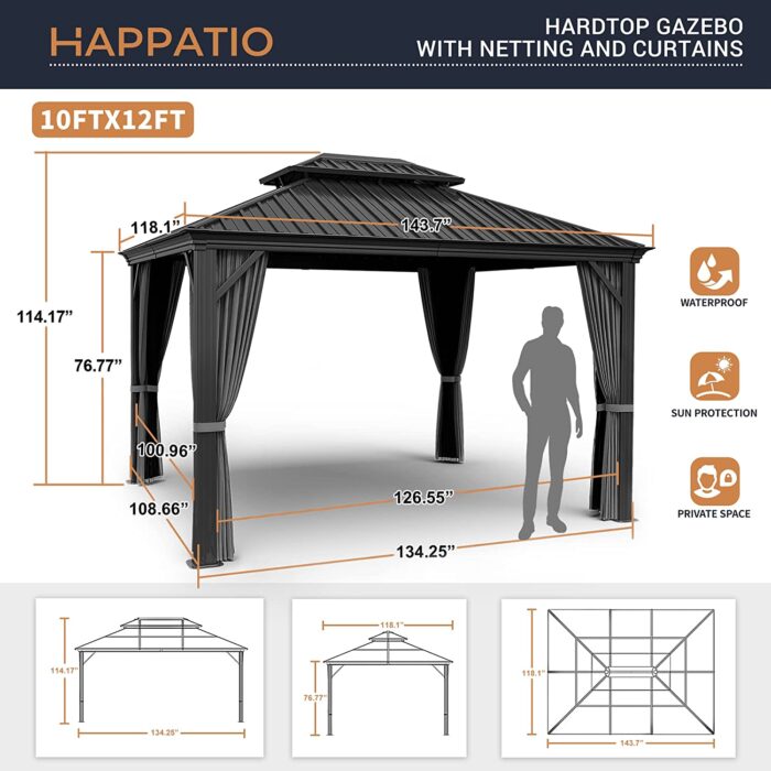 HAPPATIO 10' x 12' Hardtop Gazebo, Outdoor Aluminum Gazebo with Galvanized Steel，Double Roof Permanent Patio Metal Gazebo Canopy with Netting and Curtains for Backyard, Patio, Deck, Parties (Gray) - Image 4