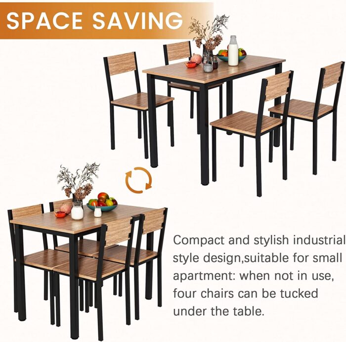 KU Syang Dining Table and 4 Chairs Set, Industrial Kitchen Table Chairs Sets with Wood and Metal Frame, 5 Piece Compact Home Kitchen Dining Room Furniture, Space Saving, Rustic Brown - Image 4
