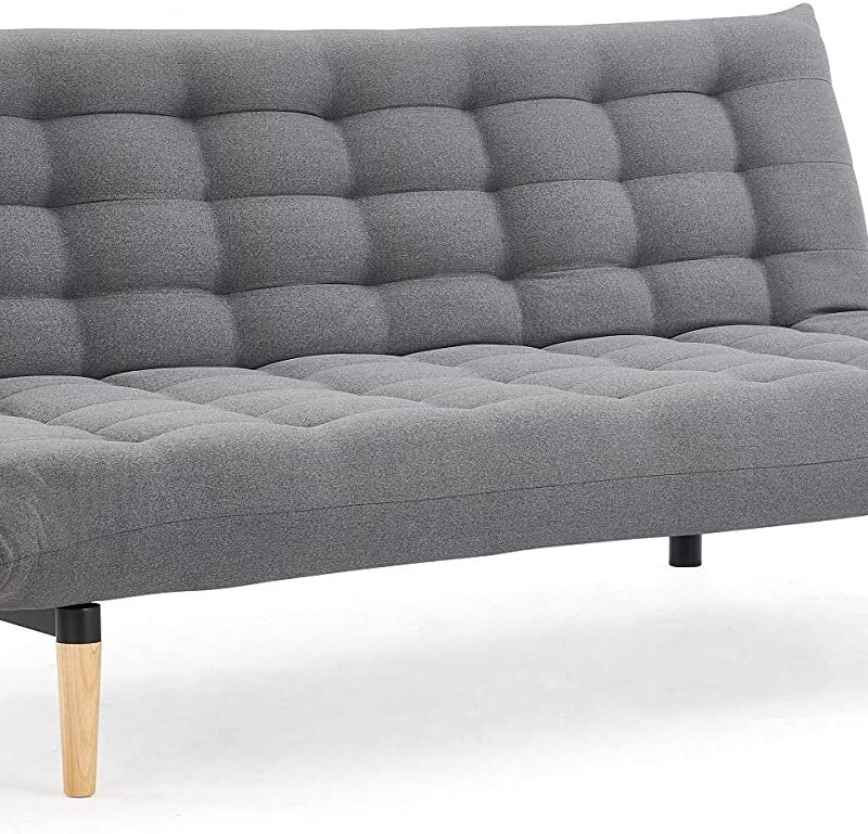 Home Detail 3 Seater Fabric Sofa Bed Dark Grey Pillow Topper Tufted Backrest Wooden Legs