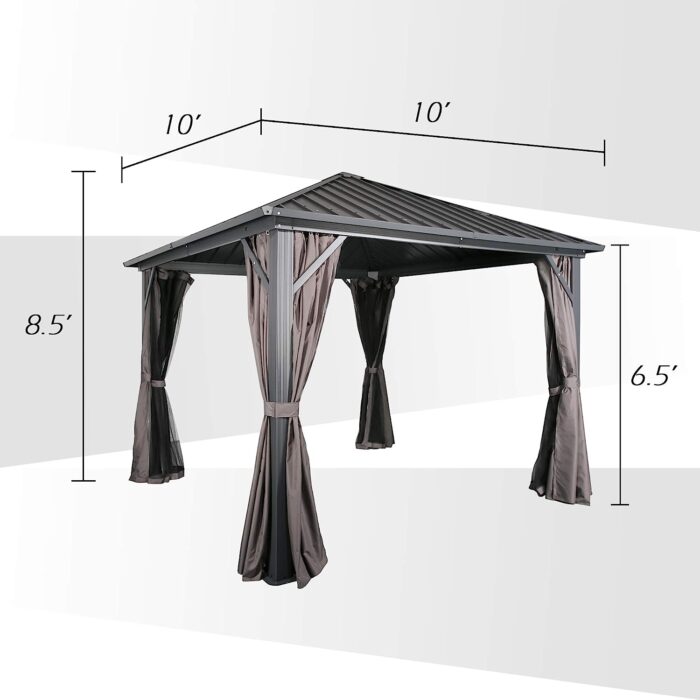 Peak Home Furnishings 10Ft x 10Ft Patio Hardtop Gazebo Outdoor Aluminum Pergola with Galvanized Steel Roof Canopy, Polyester Curtain and Mosquito Net - Image 6