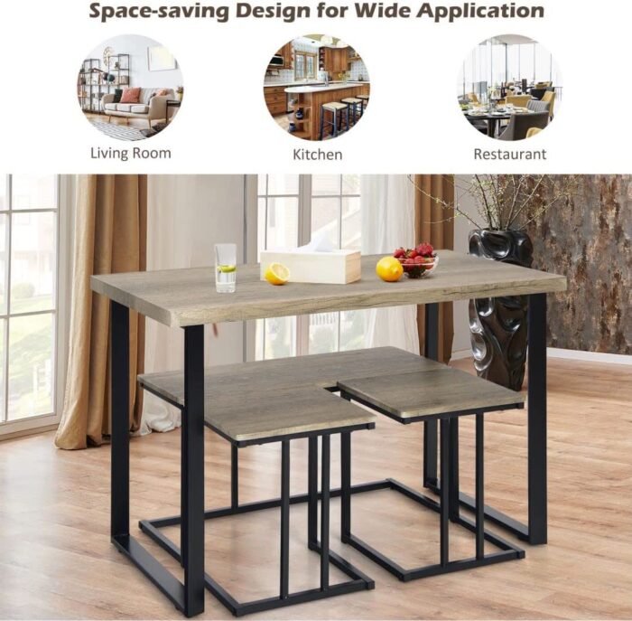 GiantexUK 4PCS Dining Set, Wooden Table with 2 Stools and Bench, Space Saving Kitchen Dining Room Sets for Restaurant Bar Cafe - Image 5
