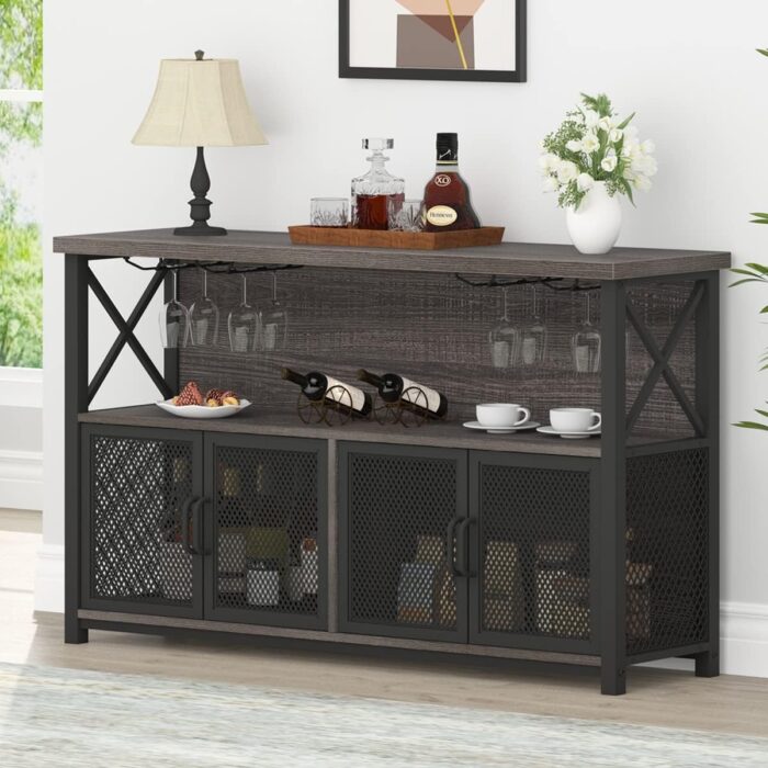 LVB Wine Bar Cabinet, Farmhouse Coffee Bar Cabinet for liquor and glasses, Modern Sideboard Buffet Cabinet with Storage Rack, Rustic Liquor Home Bar for Kitchen Dining Living Room, Dark Gray Oak 47 In - Image 9
