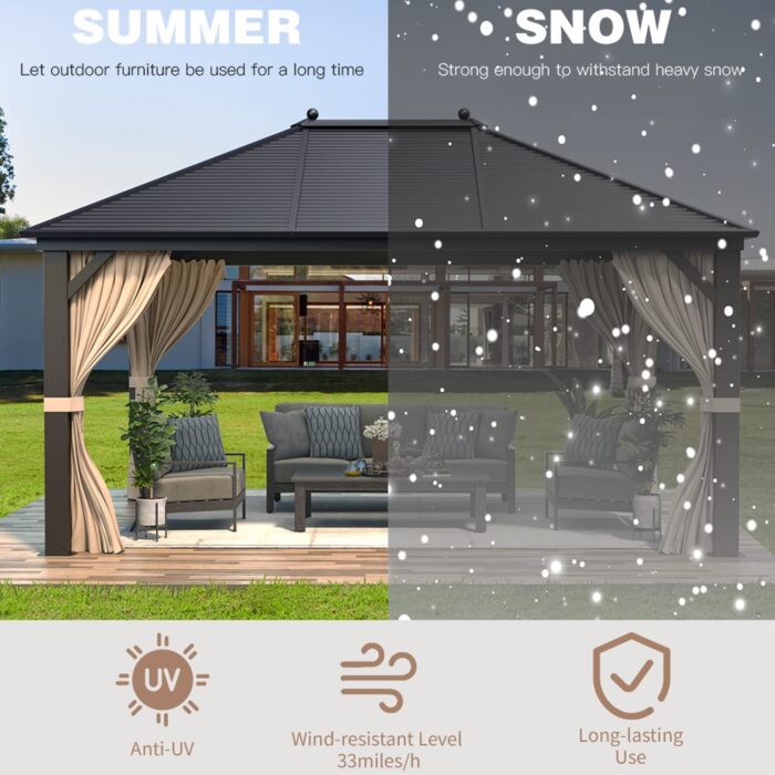EROMMY 10' x 13' Gazebo, Galvanized Steel Hardtop Outdoor Aluminum Canopy with Netting and Shaded Curtains, Single Roof Permanent Metal Pavilion for Patio Backyard Deck - Image 7
