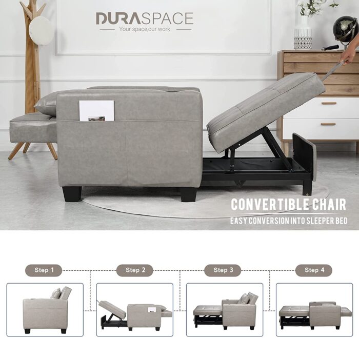 DURASPACE Sleeper Chair 3-in-1 Convertible Chair Bed Pull Out Sleeper Chair Beds Adjustable Single Armchair Sofa Bed with USB Ports, Side Pocket, Cup Holder for Small Space (Gray) - Image 7