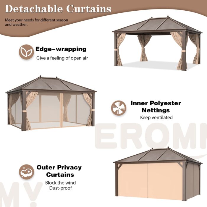 EROMMY 10' x 13' Gazebo, Galvanized Steel Hardtop Outdoor Aluminum Canopy with Netting and Shaded Curtains, Single Roof Permanent Metal Pavilion for Patio Backyard Deck - Image 6