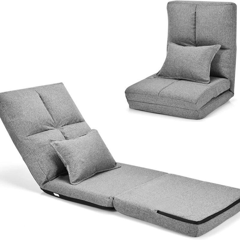 COSTWAY Folding Sofa Bed, 6 Positions Adjustable Floor Lazy Sofa Chair with Pillow, Home Office Living Room Bedroom Single Lounger Sleeper Reclining Seat (Grey)