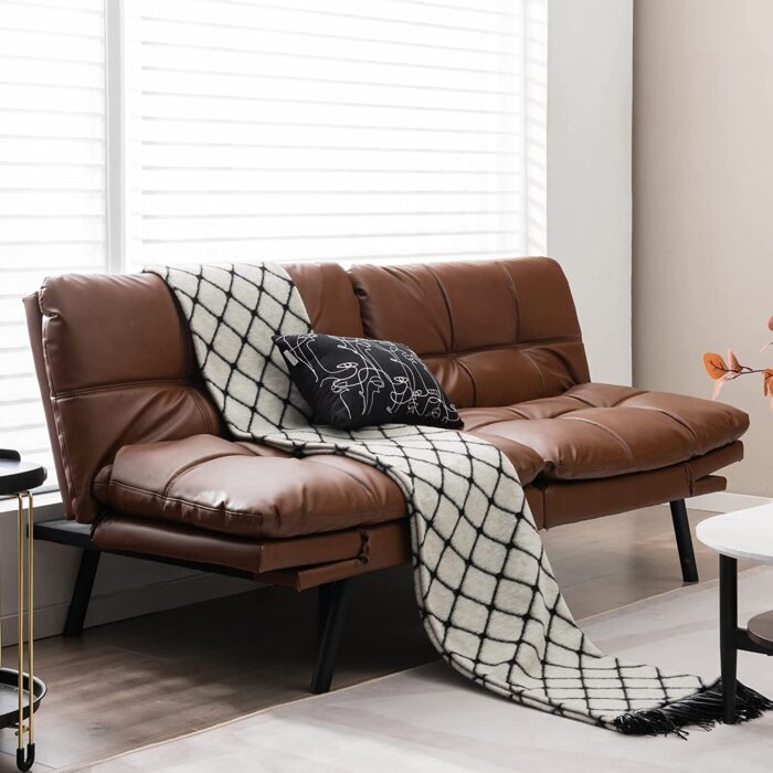 COSTWAY 2 Seater Convertible Sofa Bed, Click Clack Sleeper Couch with Reclining Backrest, Adjustable Armrests & 6 Metal Legs, Padded Loveseat Sofa for Living Room and Bedroom (PU Leather, Brown) - Image 2