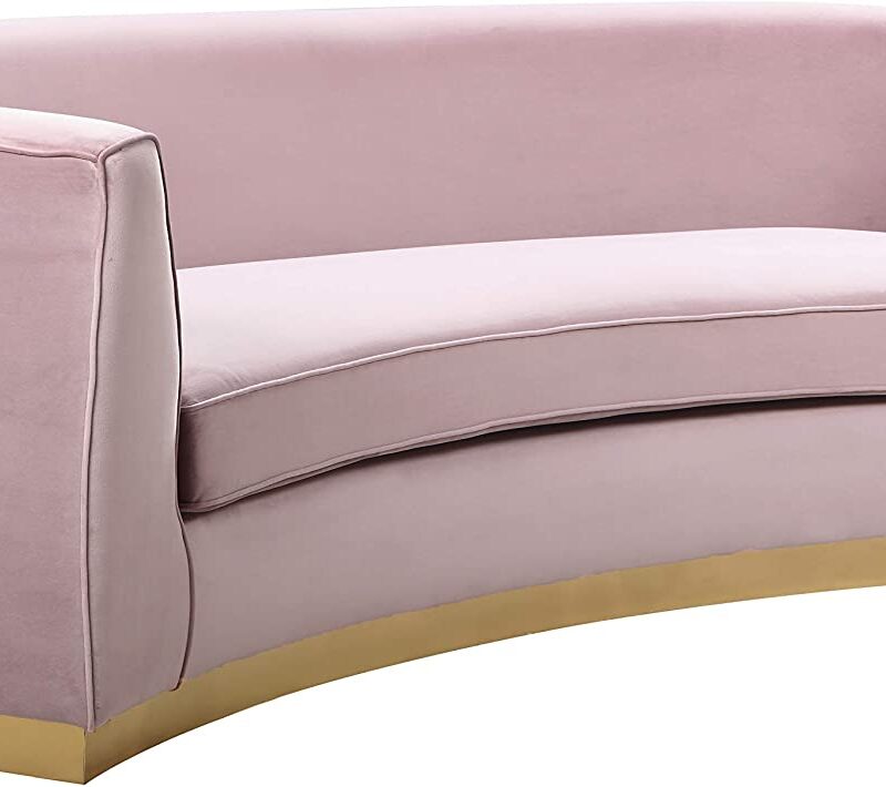 Meridian Furniture Julian Collection Modern | Contemporary Velvet Upholstered Sofa with Stainless Steel Base in Rich Gold Finish, Pink, 91.5" W x 36" D x 28" H