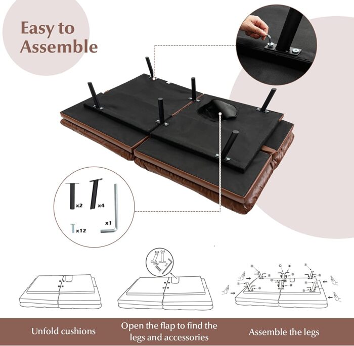 COSTWAY 2 Seater Convertible Sofa Bed, Click Clack Sleeper Couch with Reclining Backrest, Adjustable Armrests & 6 Metal Legs, Padded Loveseat Sofa for Living Room and Bedroom (PU Leather, Brown) - Image 6