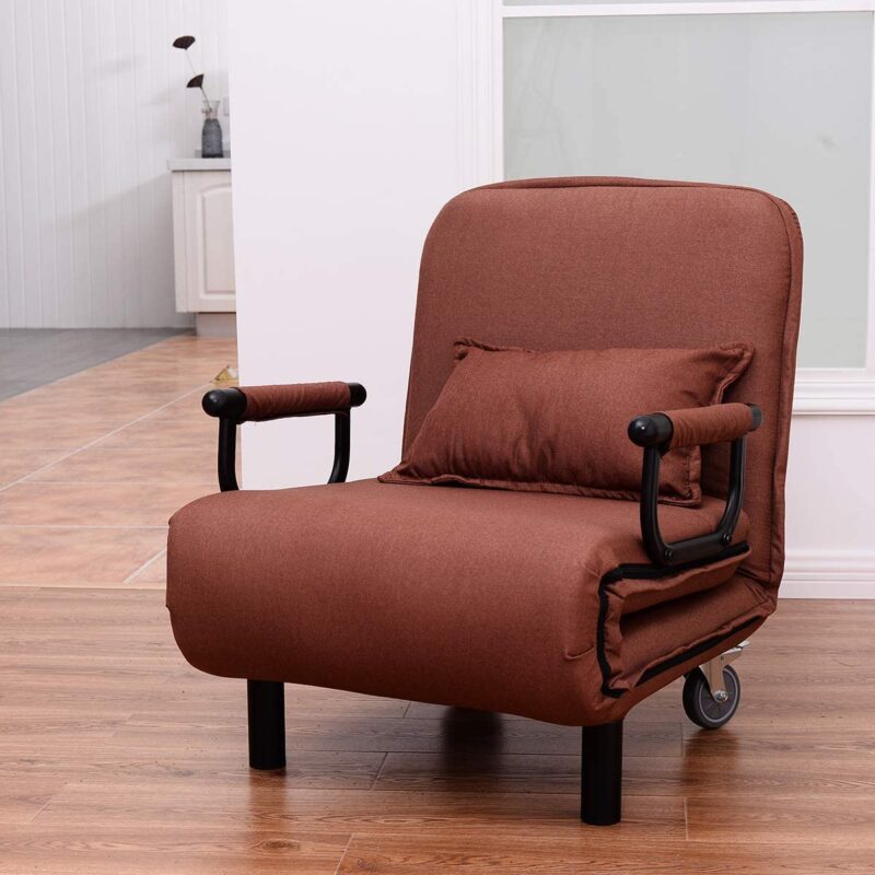 COSTWAY Single Folding Sofa Bed Chair Modern Fabric Sleep Function Holder W/Pillow & Wheel for Home Bedroom Living Room Office Indoor (Coffee)