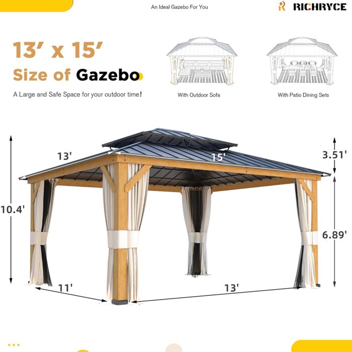 RICHRYCE 13' x 15' Solid Wood Gazebo, Hardtop Gazebo Plastic Sprayed Metal Roof Outdoor Gazebo Canopy Double Vented Roof Pergolas Wood Frame with Netting and Curtains for Garden, Patio, Lawns - Image 3