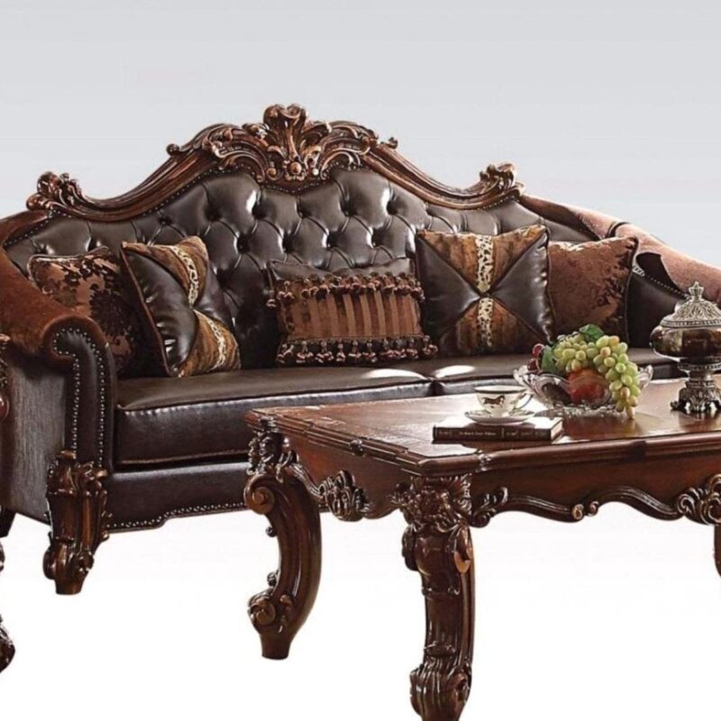 ACME Vendome II Sofa w/5 Pillows – – 2-Tone Dark Brown PU & Cherry